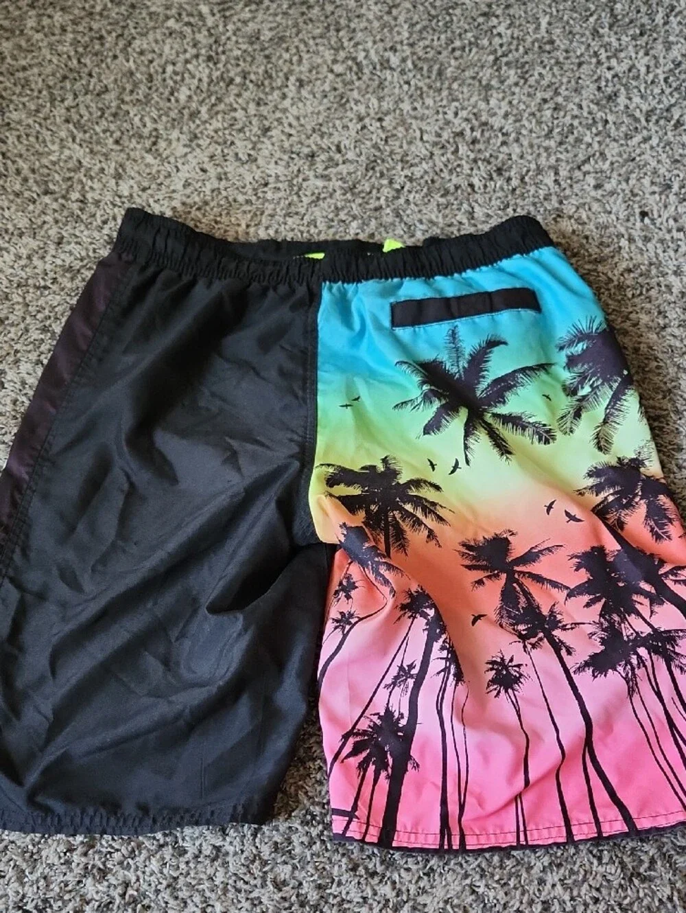 Kids Tropical Palm Print Swim Trunks - Black & Multicolor